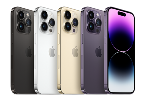 Tech gift ideas for dad- iPhone 14 Pro in different colors lined up. 4 phones are backward facing, showing the phone’s cameras