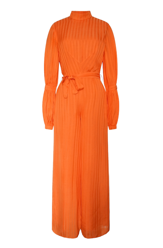 Sustainable apparel companies example - Orange jumpsuit with long sleeves, high neckline, and belt against a white background.