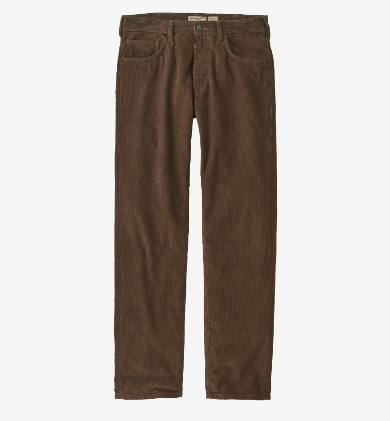 Sustainable apparel companies example - A pair of brown corduroy pants on a white background.