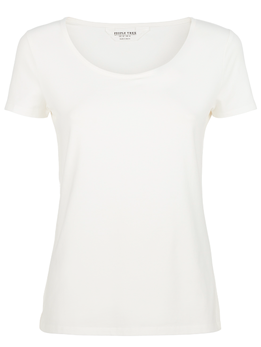 Sustainable apparel companies example - White t-shirt with short sleeves and scoop neck.