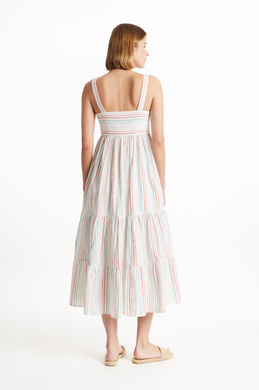 Woman in a sleeveless dress featuring multicolored stripes and a tiered skirt and flat jute slip-ons is seen from the back.