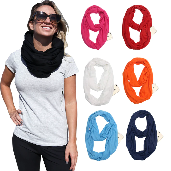 Woman wearing a black scarf on the left; on the right, an infinity scarf in various colors.