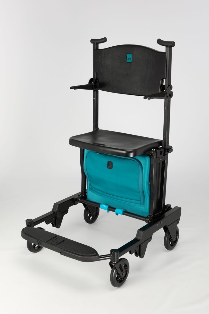 Black and blue wheelchair in its unfolded form.
