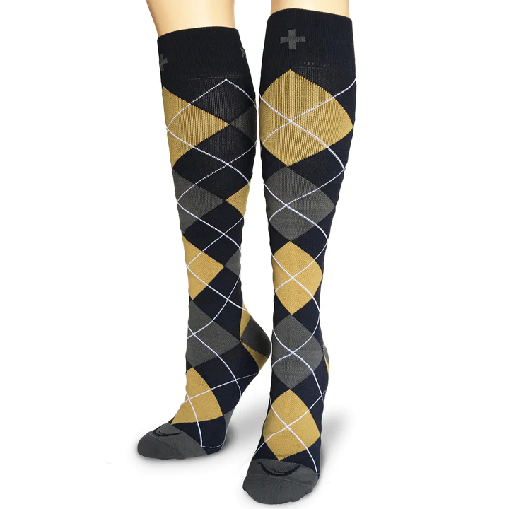 Knee-length black and gold argyle socks worn in front view.