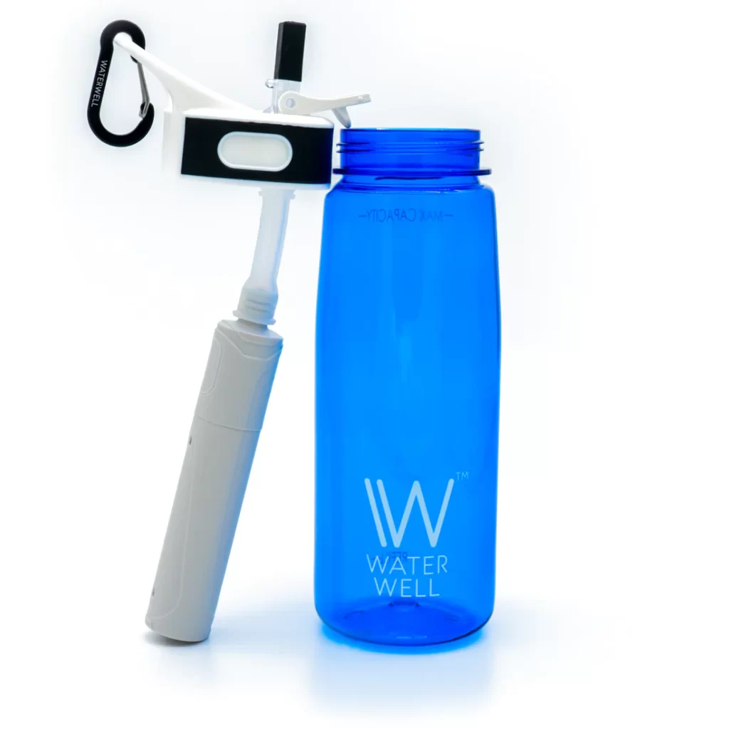 A blue water bottle with a built-in filter, designed to provide clean drinking water on the go.