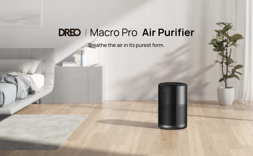The Dreo Macro Pro Air Purifier placed on the bedroom floor, improving air quality efficiently.