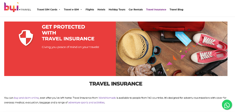 Screenshot of b4i.travel's webpage showing a form to purchase travel insurance online.