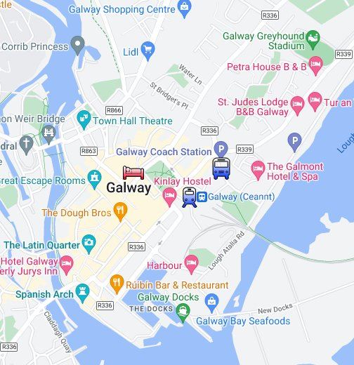 Google maps indicating bus station and train station.