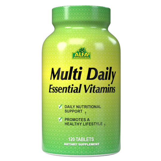 A bottle of Alfa Multi Daily Essential Vitamins, providing the essential nutrients for your daily needs.