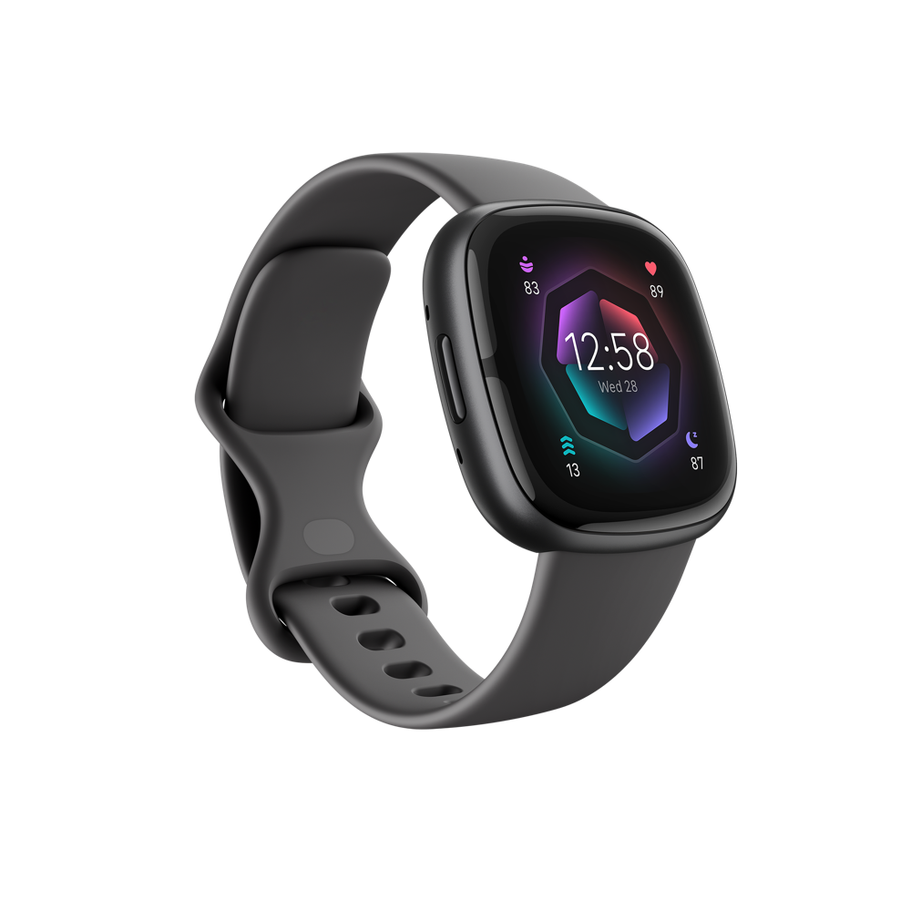 Fitbit Sense 2 smart watch with black band.