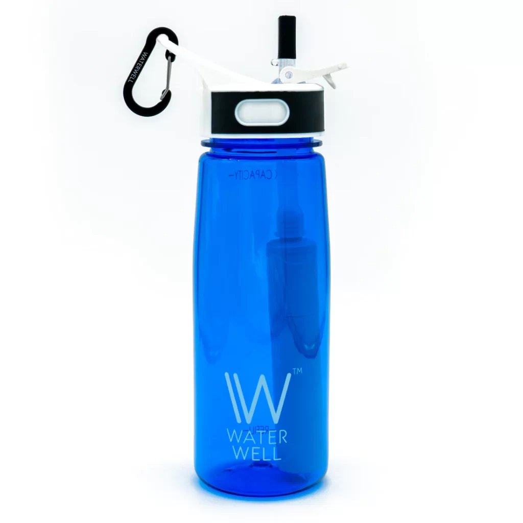 A blue water bottle with a carabiner and a lid, perfect for outdoor activities and easy transportation.