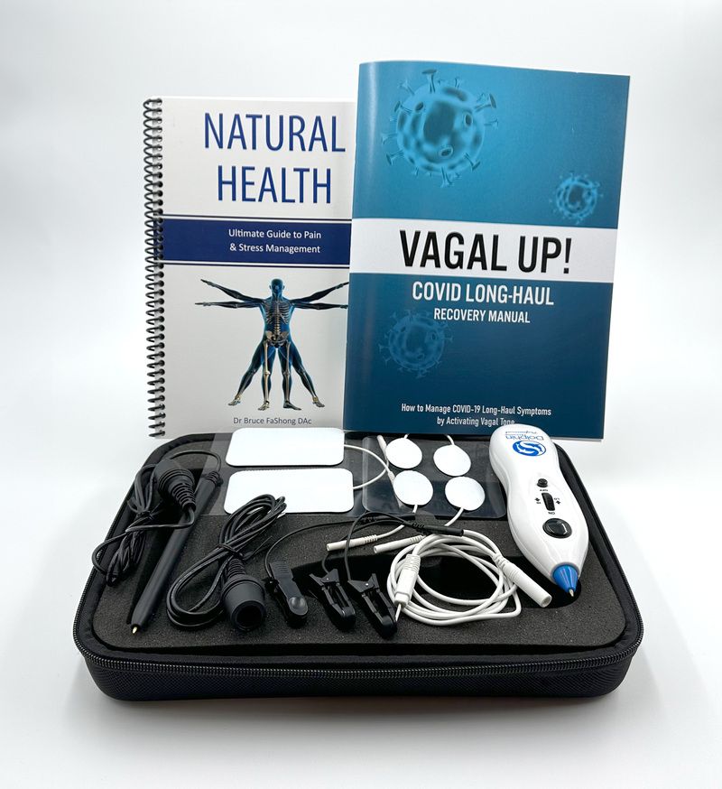 Dolphin's Neurostim Set is your key to a journey towards optimal health! The set includes the Dolphin Vagal Neurostim and 2 books entitled "Natural Health: Ultimate Guide to Pain & Stress Management" and "Vagal Up! COVID Long-Haul Recovery Manual"