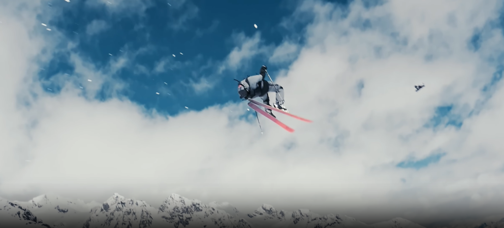 A skier soaring through the air with a majestic mountain backdrop. Epic winter adventure captured by DJI Osmo Action 4.