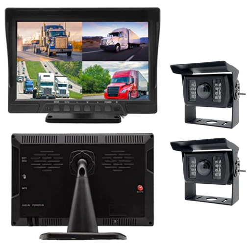 The 3rd-Gen Multi-Camera DVR System is ideal for truckers, featuring a 4" wide monitor along with two cameras and a truck.