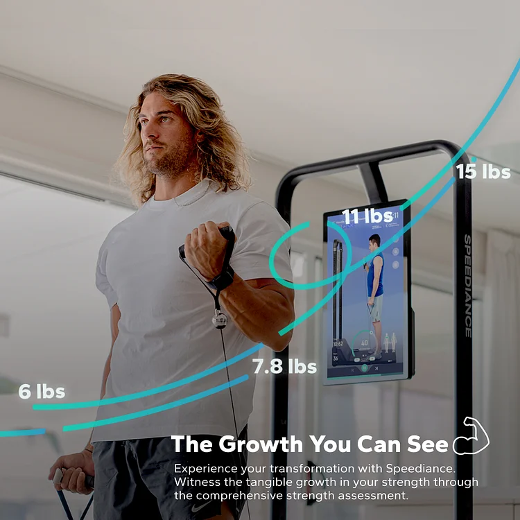 A man with long hair using Speediance Gym Monster for a smart workout session, showcasing visible growth.