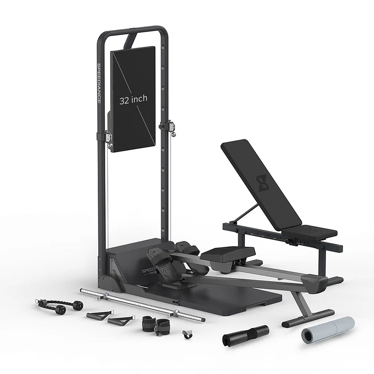 The ultimate smart home gym, Speediance Gym Monster, showcases fitness equipment on a white surface.