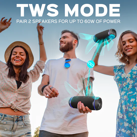Two TREBLAB HD77 Portable Bluetooth Speakers in TWS Mode, delivering up to 60W of power for endless music enjoyment.