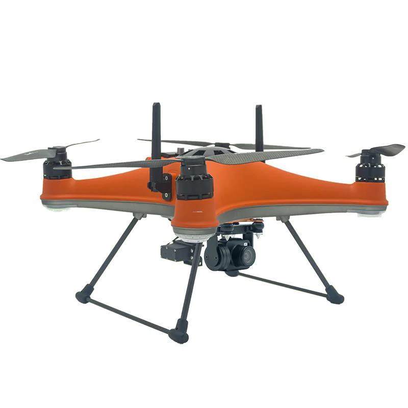 A compact orange drone with a camera and signal receivers, the Splash Drone 4 by SwellPro, against a white background.