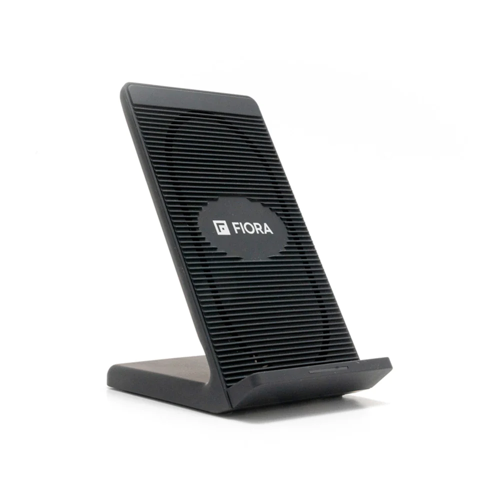 Fiora's wireless charger stand for iPhone and Android smartphones features Qi fast charge technology and includes a cooling fan.