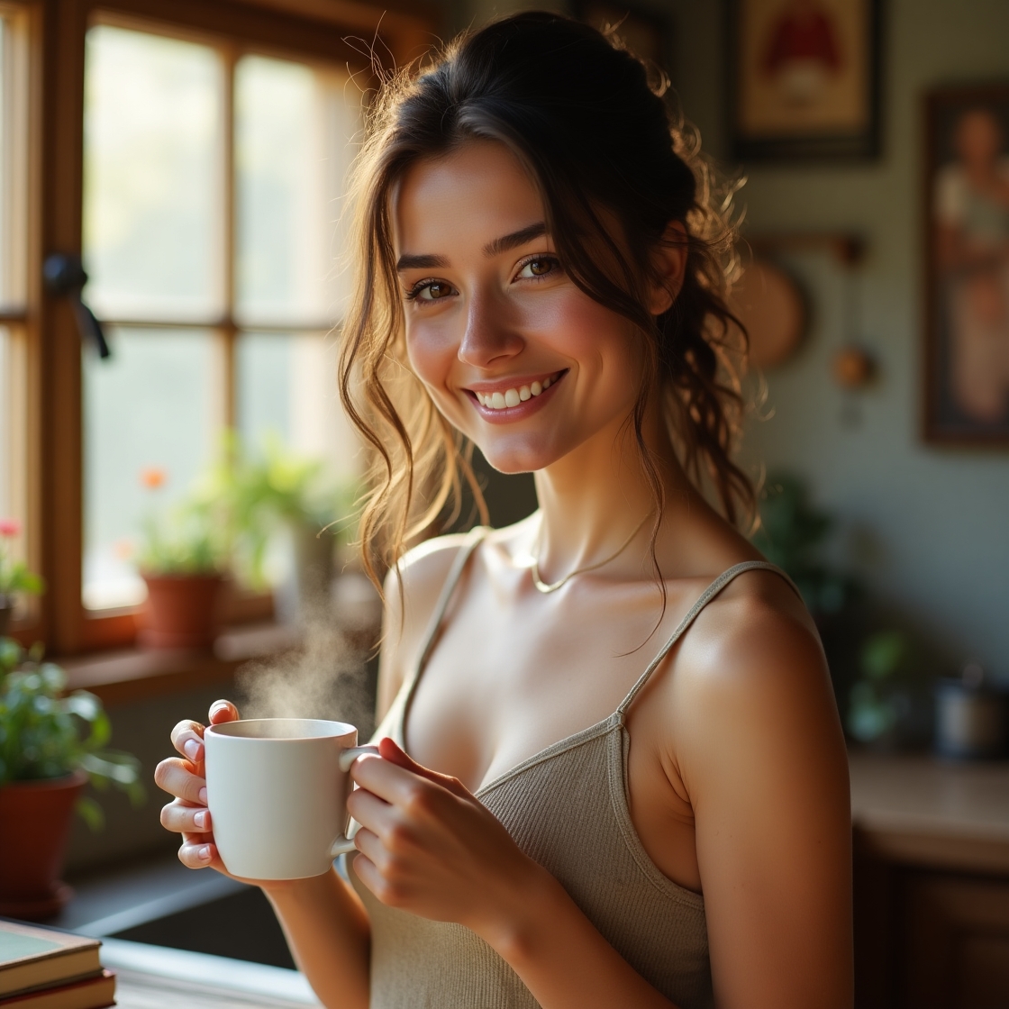 Young woman smiling while making her own coffee at home, cozy morning light filtering in.