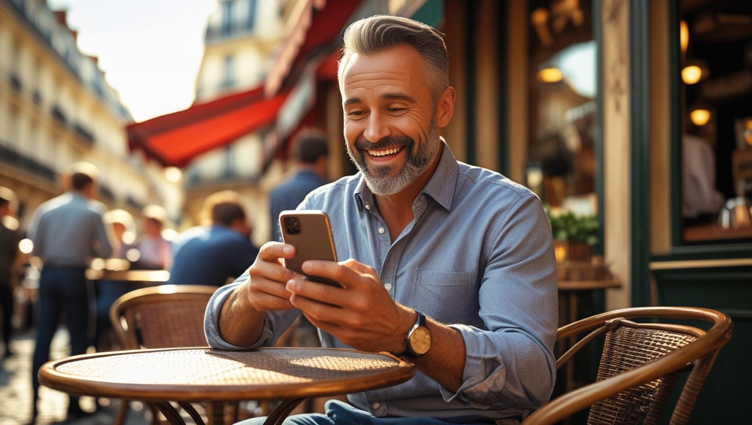 Man sitting at a café, surprised smile while checking his Acorns app balance.