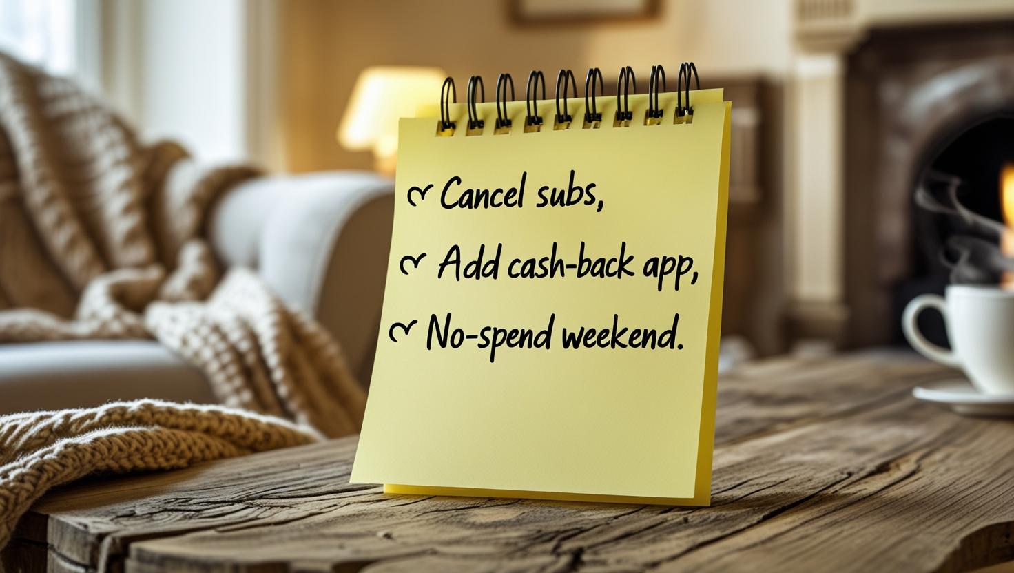 Sticky note list: “✅ Cancel subs, ✅ Add cash-back app, ✅ No-spend weekend.” Cozy background.