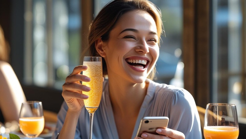 Woman laughing at a brunch table, holding mimosa, a budgeting app open on her phone nearby.