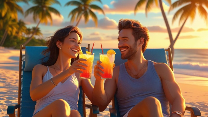 A couple clinking drinks in beach chairs.