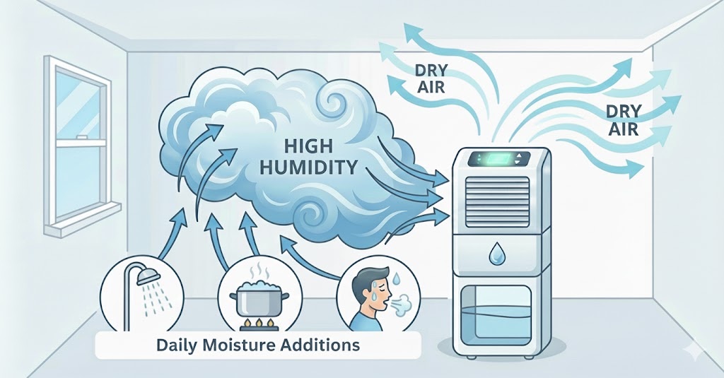 Moisture cycle showing how a dehumidifier removes humidity to prevent mold in walls, floors, and furniture.