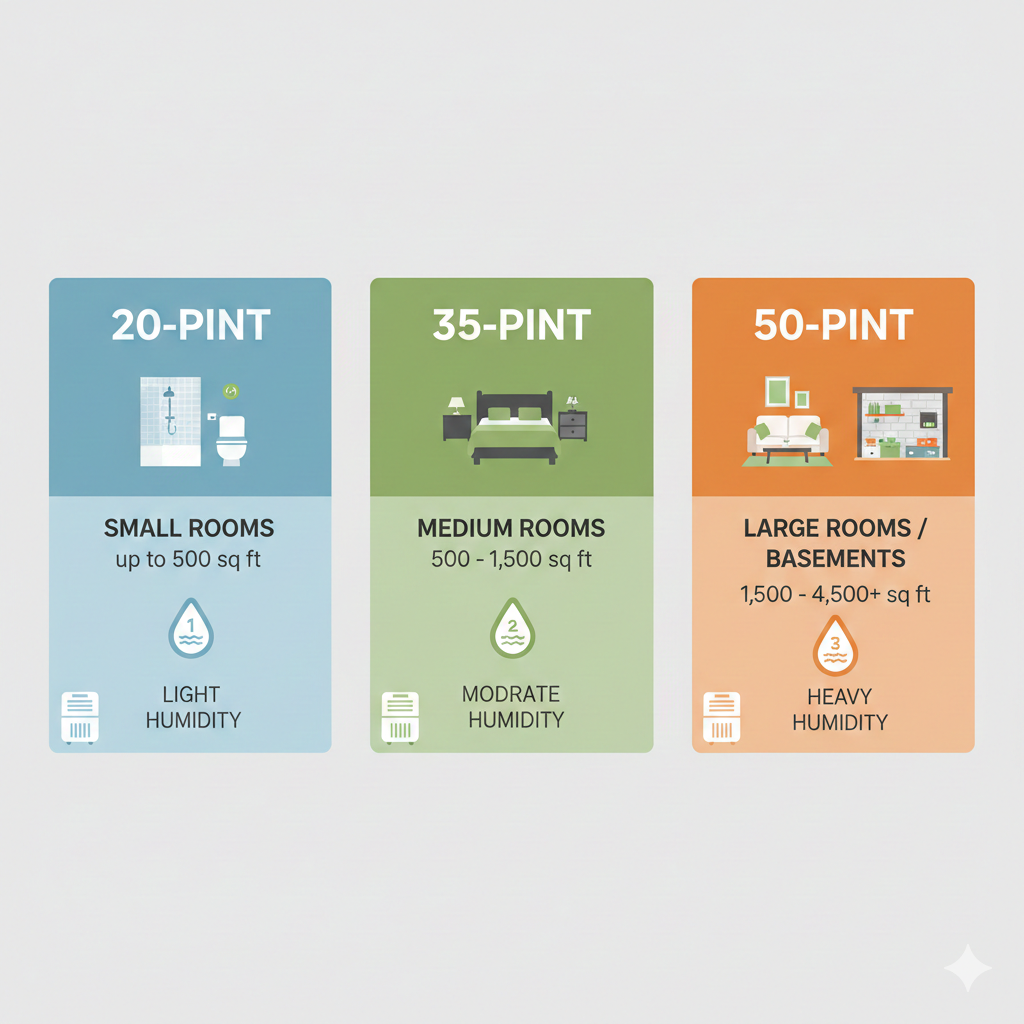 Chart showing which size dehumidifier—20-, 35-, or 50-pint—is best for different room sizes and humidity levels.
