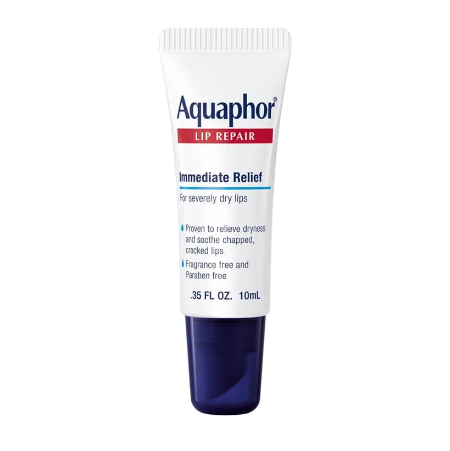 Tube of Aquaphor Healing Ointment Lip Repair, designed for dry, cracked lips with heavy-duty moisturizing formula.