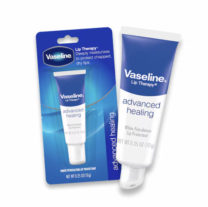 Vaseline Lip Therapy Advanced Healing in a small tube, featuring triple-purified petroleum jelly for long-lasting moisture and soft, healthy lips.