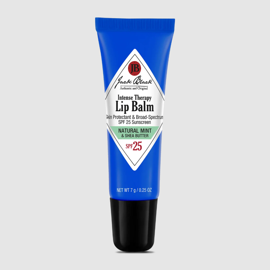 Jack Black Intense Therapy Lip Balm SPF 25, emollient formula enriched with antioxidants and sun protection for dry, chapped lips.