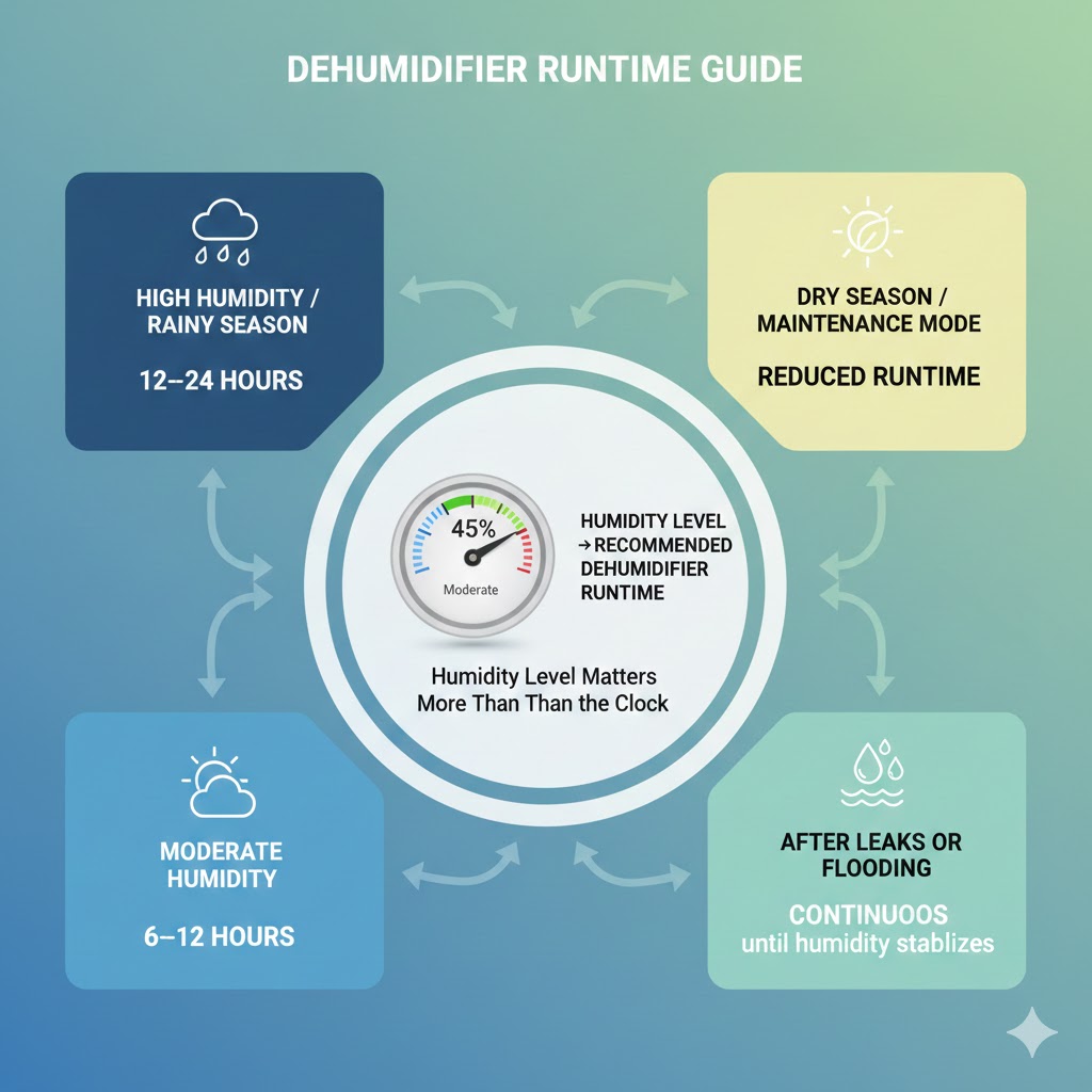 Infographic showing how long the best dehumidifier should run each day based on indoor humidity levels, weather conditions, and moisture problems.