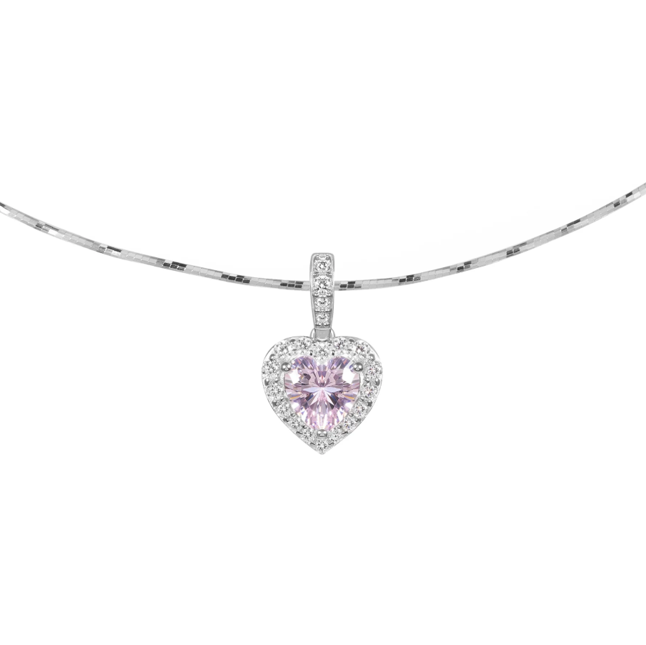 Heart-cut pink gemstone pendant with a white halo set in sterling silver, shown as a meaningful jewelry choice for last-minute valentine deals.