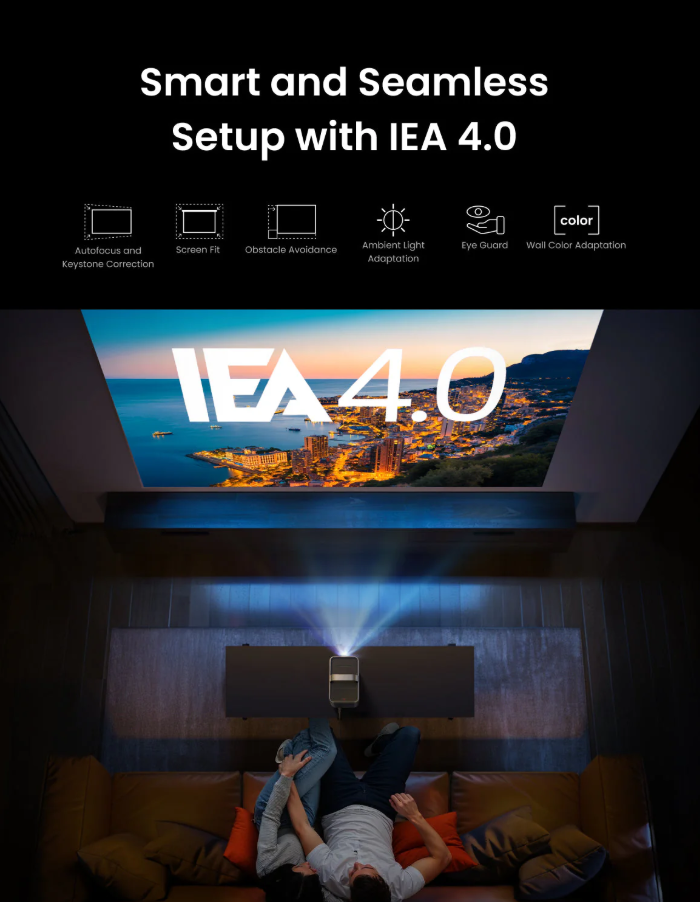 Home projector displaying a large cinematic screen in a living room, symbolizing a shared experience option for last-minute valentine deals.