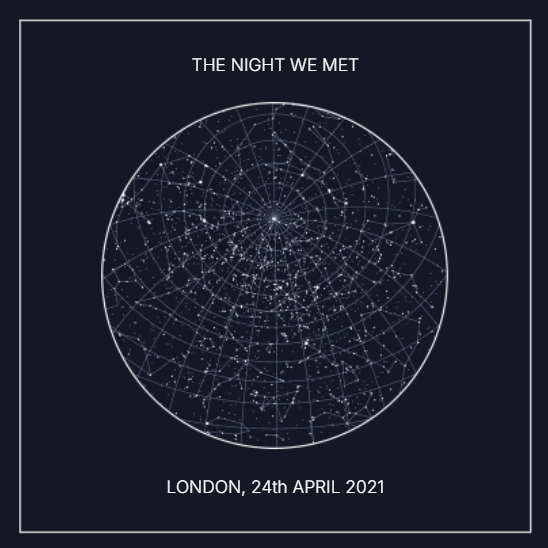 Custom star map print displaying the night sky for a specific date and location, a popular option among best personalized gift services.